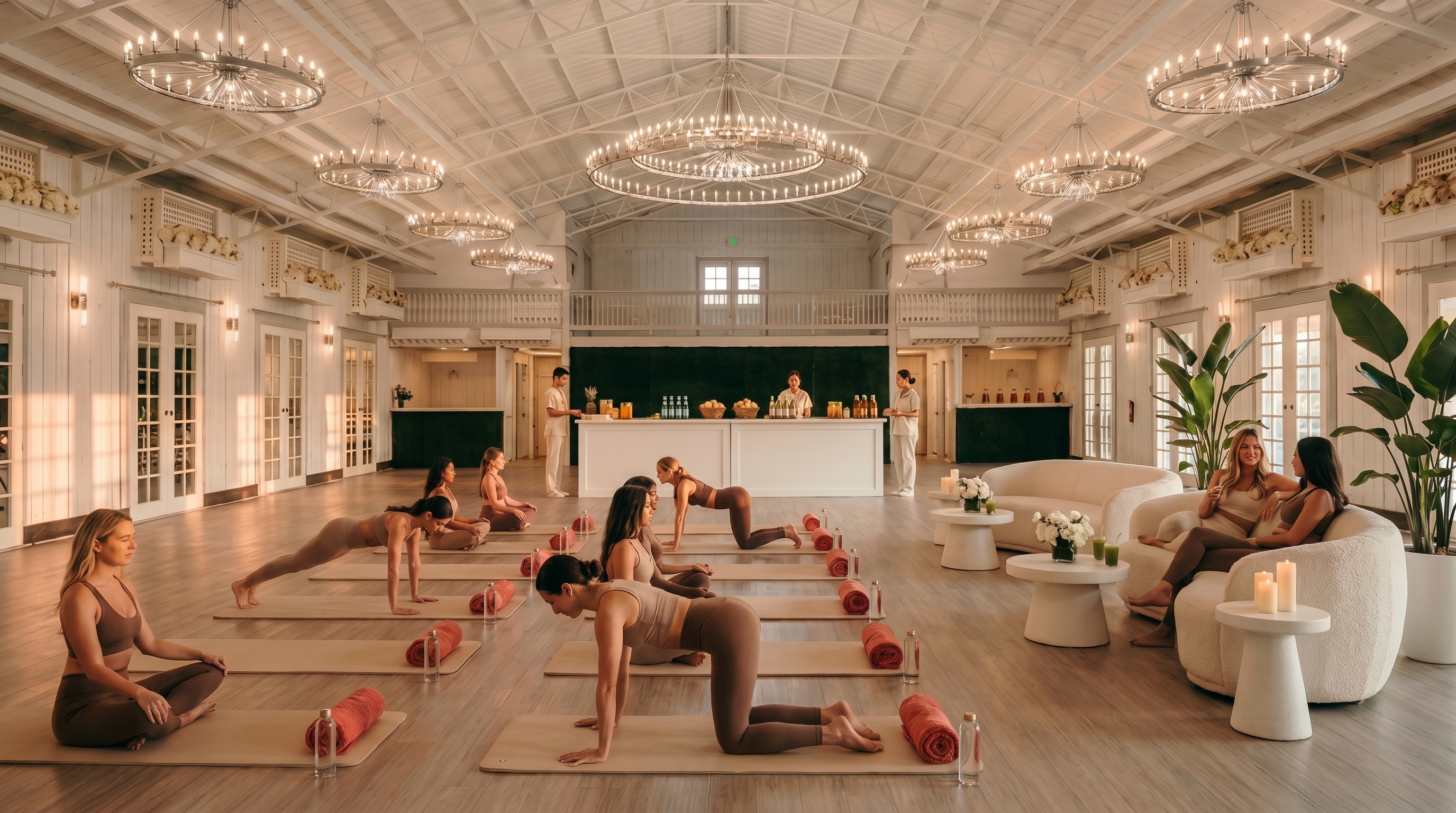 A mat class in session inside the barn, lounge and juice bar in view